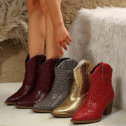 Women's Alligator-Textured Synthetic Ankle Boots Pointed Toe Chunky Heel Western