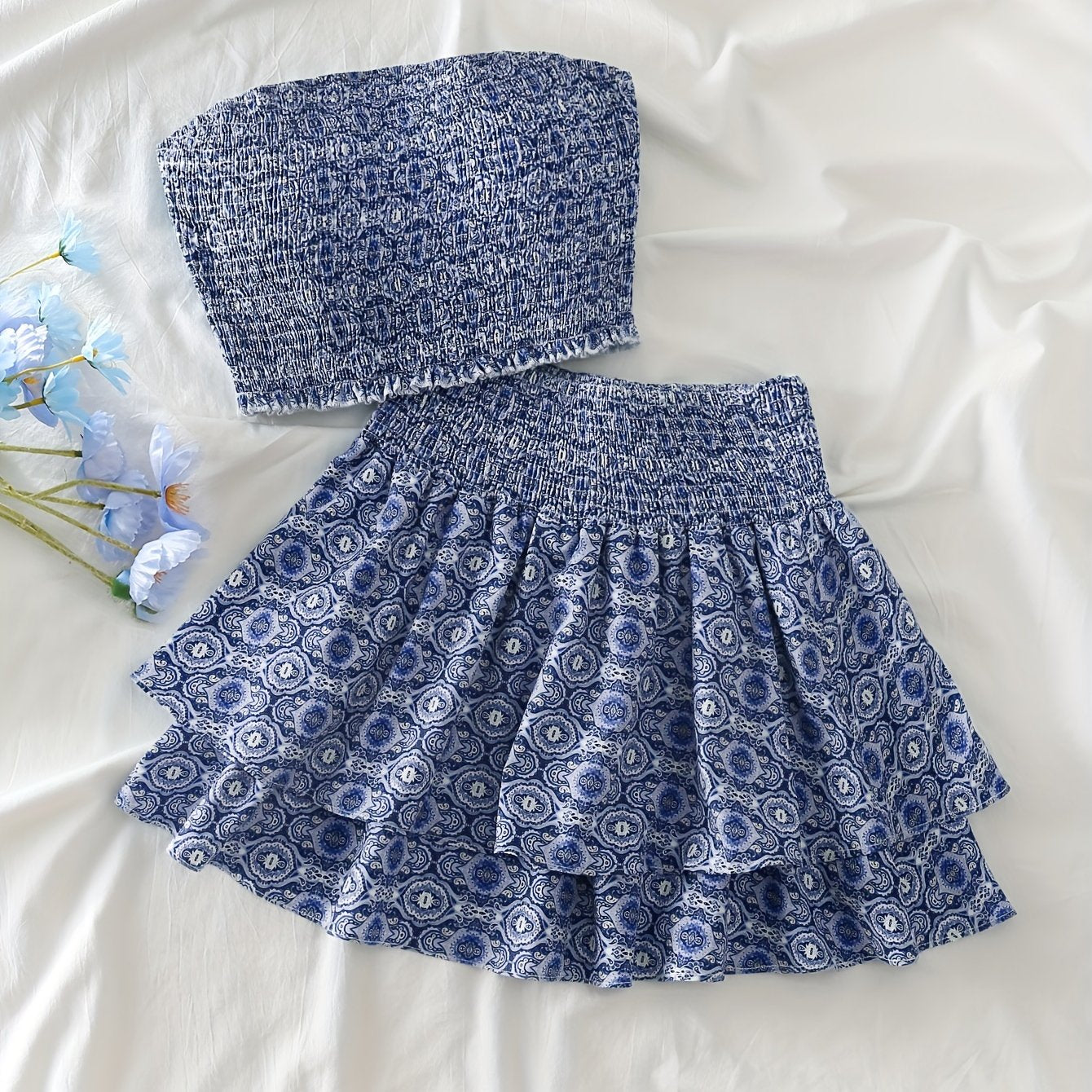 Women's Off-Shoulder Geometric Print Two-Piece Outfit Polyester Spandex Shirred