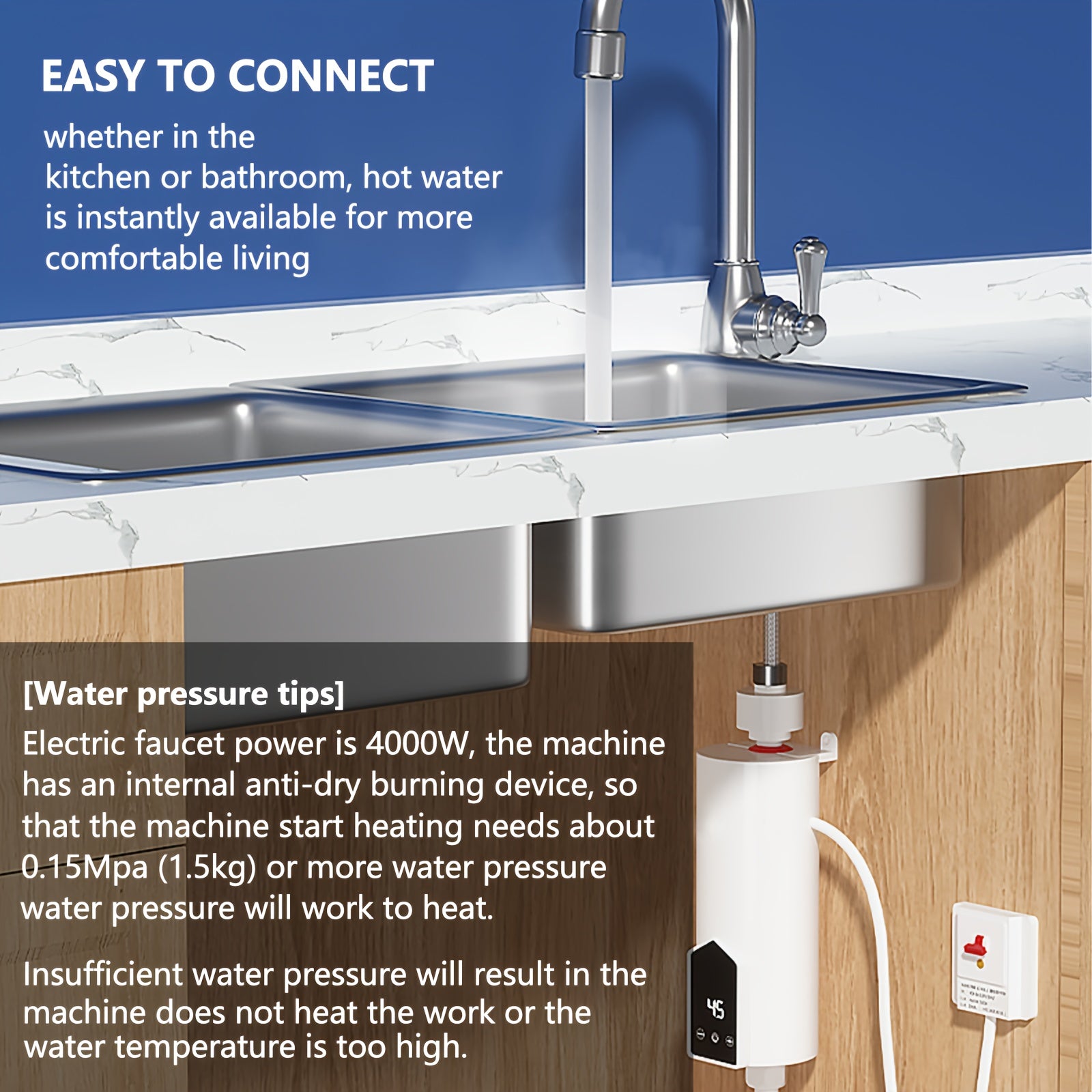 4000W Electric Tankless Water Heater with LED Display Touch Controls for Kitchen Bathroom