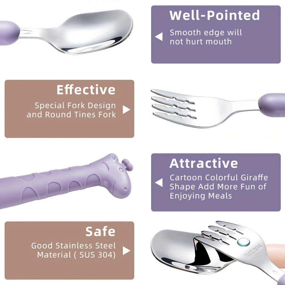 Juego de utensilios de acero inoxidable seguros para niños pequeños con estuche de viaje, cubiertos libres de BPA