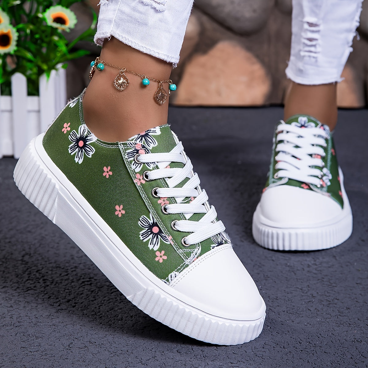Женские кроссовки из холста на шнуровке, повседневные балетки с цветочным принтом