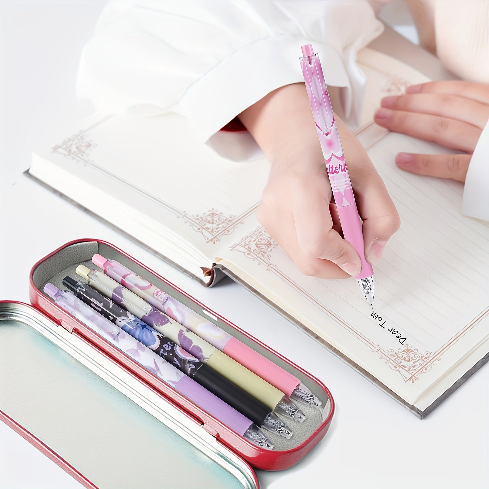 Набор из 6 нейтральных эстетических ручек с черными чернилами, 0,5 мм тонкий наконечник для гладкой письма, мечтательный дизайн с бабочками, идеален для использования в школе или офисе.