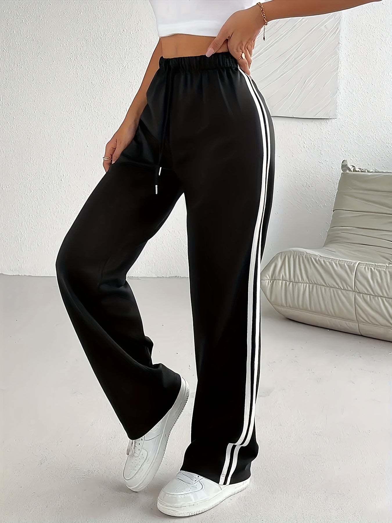 Pantalones rectos a rayas de talla grande para mujer, casuales con cordón y cintura elástica