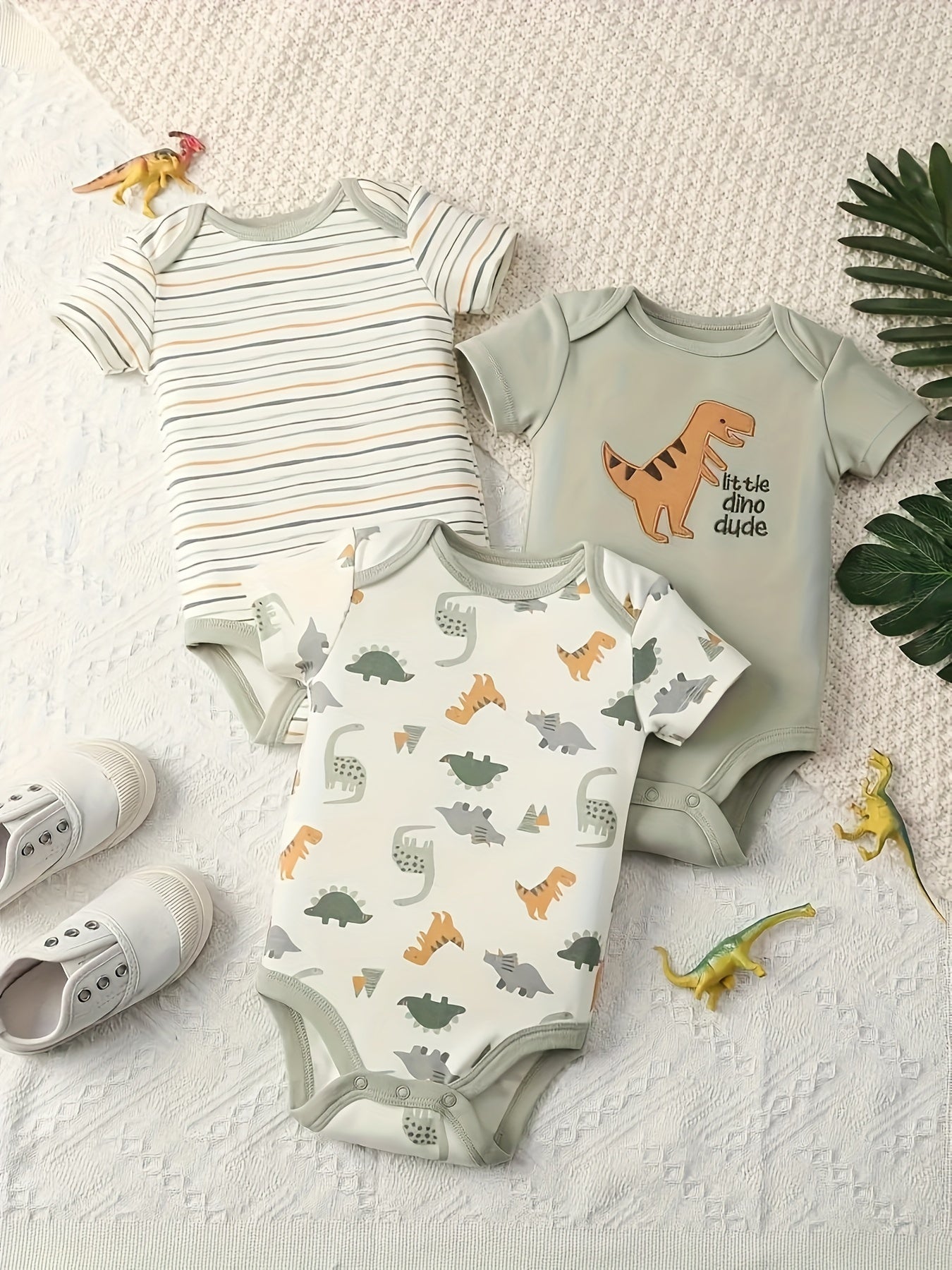 Baby Boys Dinosaur Stripe Pattern Short Sleeve Cotton Bodysuit Set