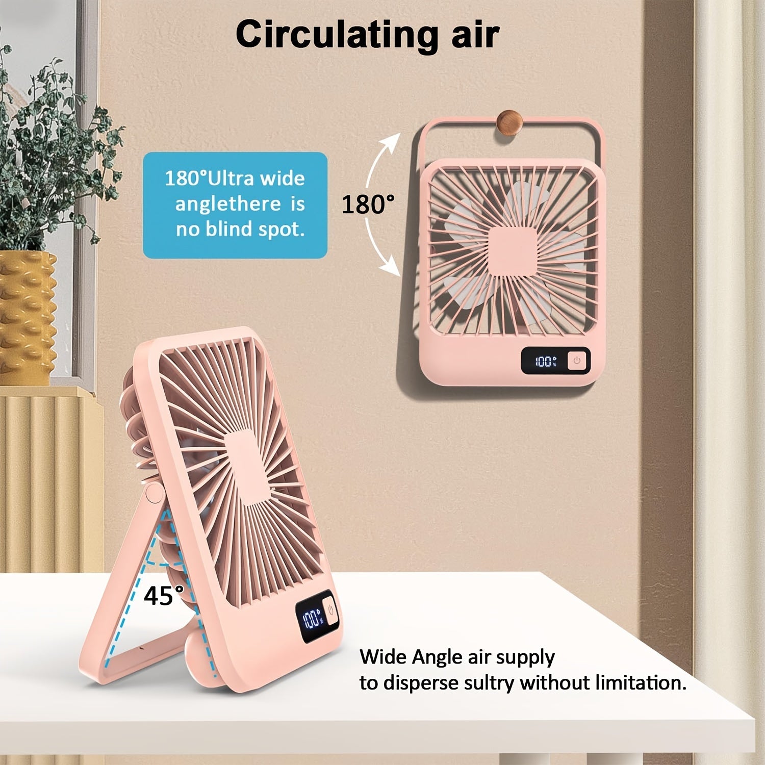 Portable Pink USB Desktop Fan 16.5cm Foldable 5-Speed for Home Office Outdoor