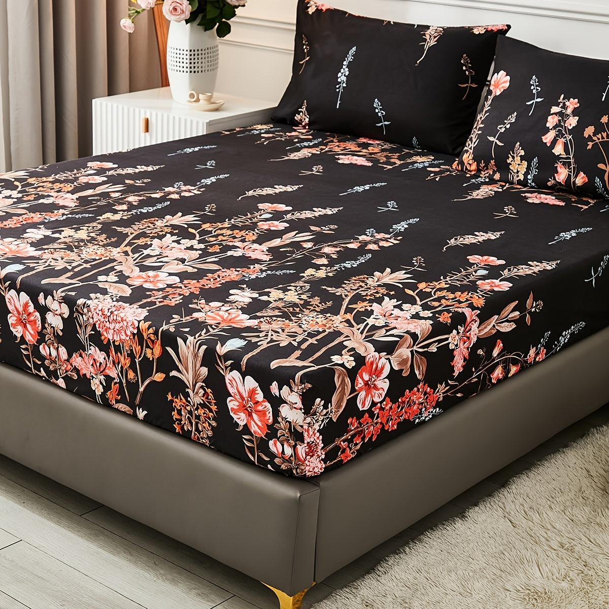 Flower Print Bedding Set Fitted Sheet and Pillowcase Set Soft Cozy Bedroom Guest Room