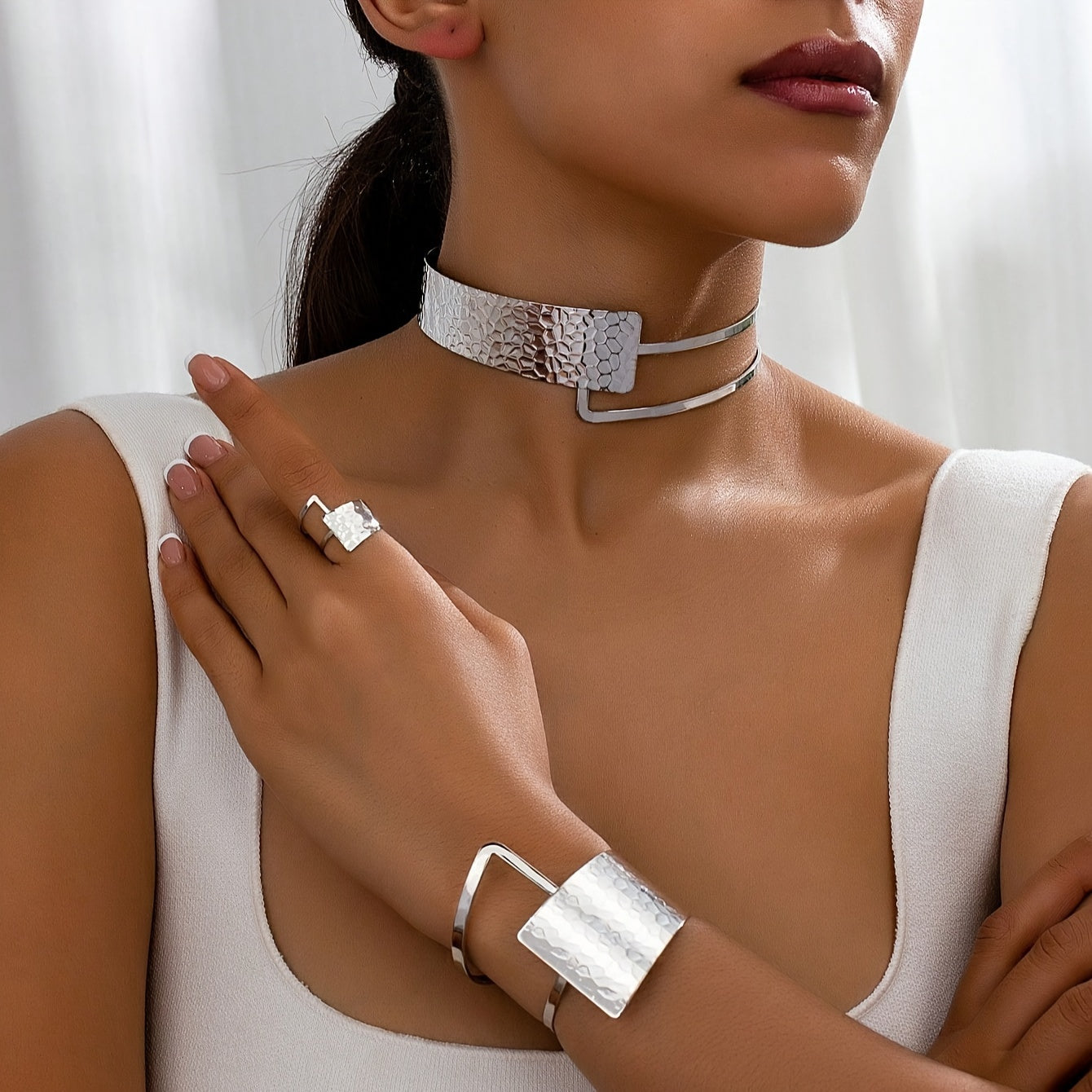 Boho 3-Piece Jewelry Set for Women Gold Plated Geometric Choker Cuff Ring