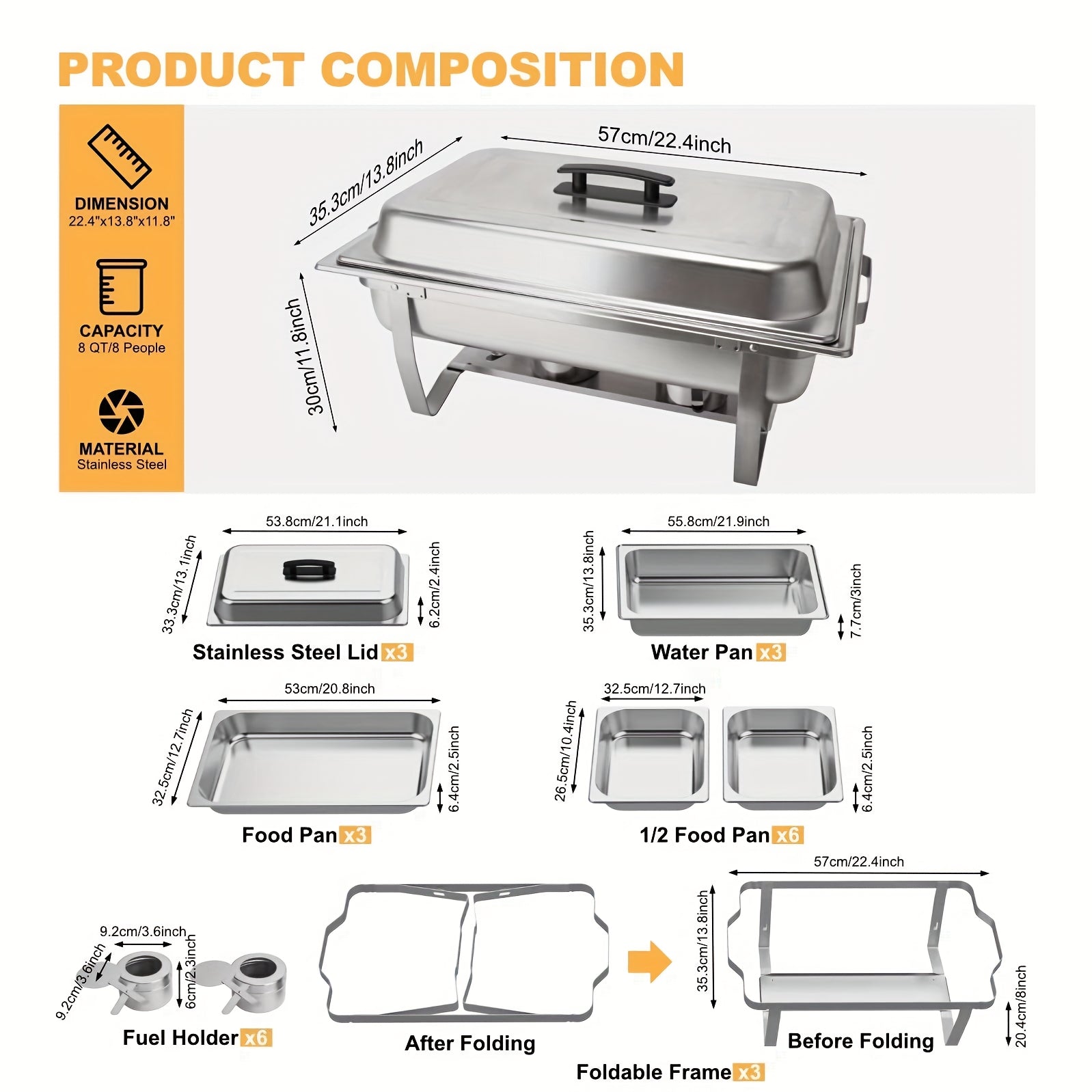 8QT Stainless Steel Chafing Dishes Set with Full and Half Pans for Catering and Events