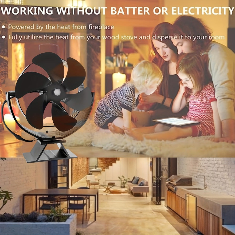 Wood Stove Fan 6-Blade Aluminum Portable Heat Exhauster No Electricity