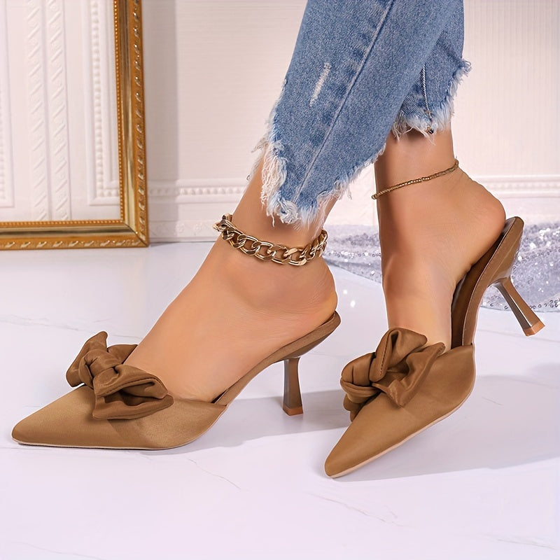 Women's Satin Pointed-Toe Stiletto Sandals with Bow, Mid-Heel, Wedding & Party Shoes