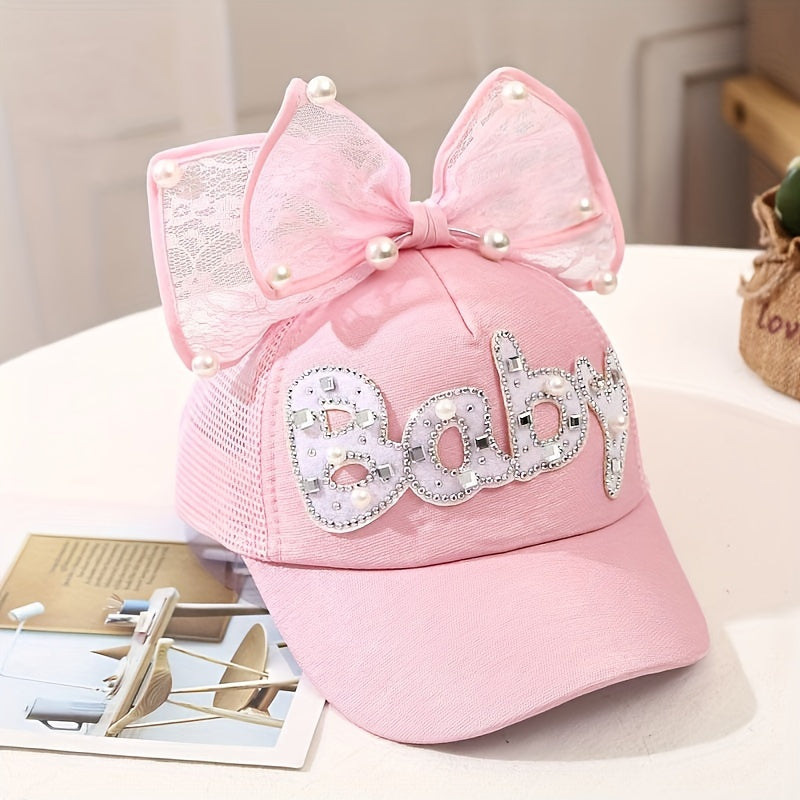 Kids Sun Hat with Letter Cartoon Ribbon Bow Breathable Fitted Sun Protection for Ages 3-14