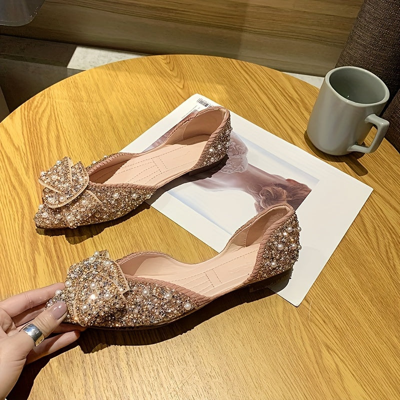 Women's Fabric Ballet Flats with Rhinestone Bow Pointed Toe Slip-On Casual Shoes