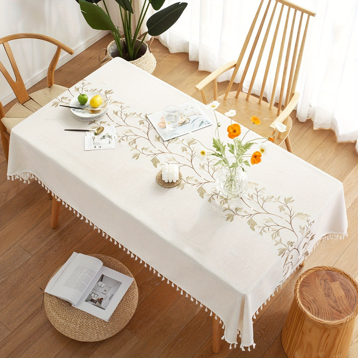 Linen Tablecloth with Feather Embroidery Rectangular Durable Easy to Clean for Weddings Parties and Restaurants