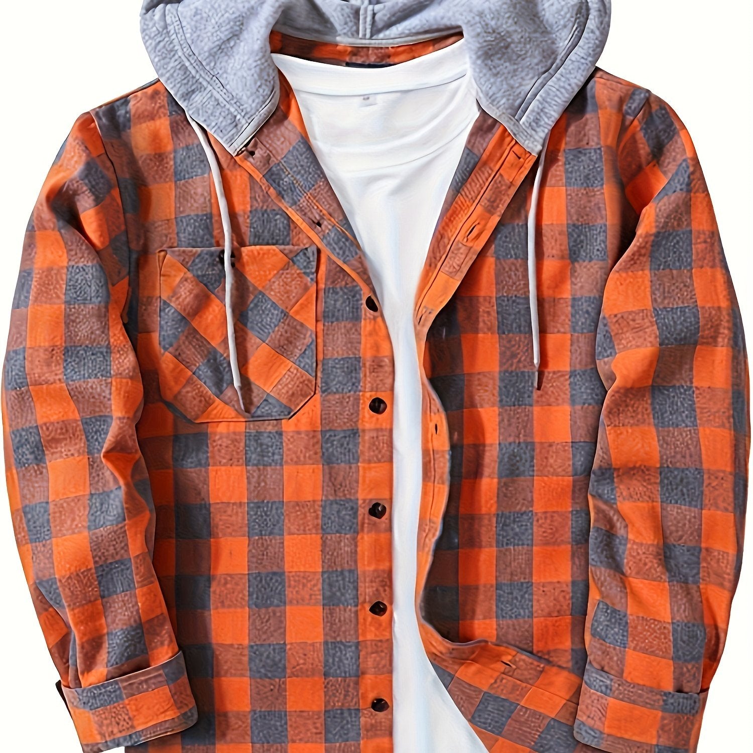 Men's Plaid Hooded Shirt Polyester Blend Casual Spring Fall Loose Fit Button Details