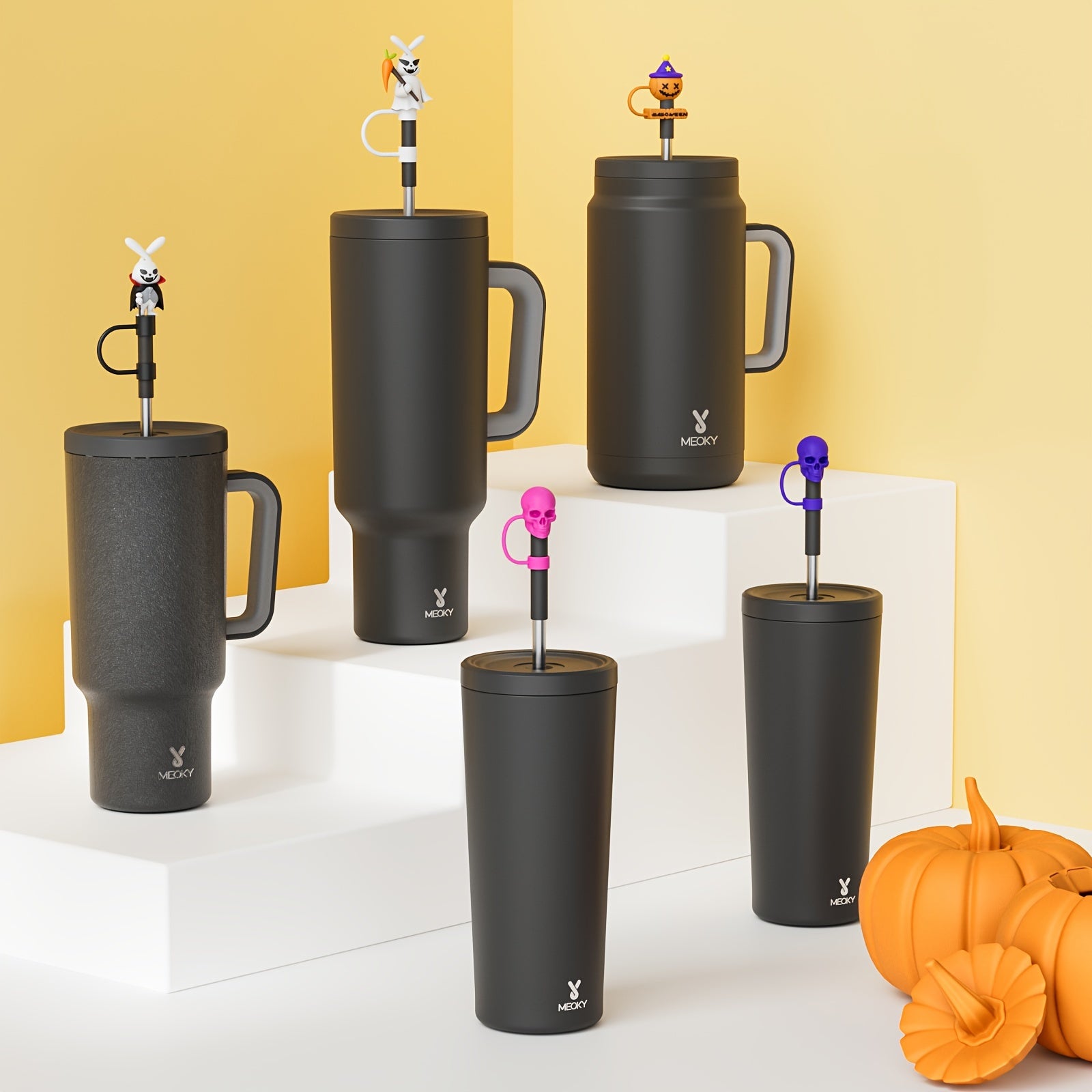 Halloween Themed Stainless Steel Water Bottles Set with BPA-Free Straws and Fun Lids 6 Pack