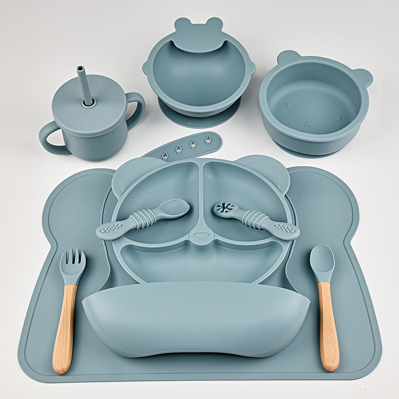 Kids Silicone Dinnerware Set 10 Pieces Bear Theme Plates Bowls Spoons Forks Bibs