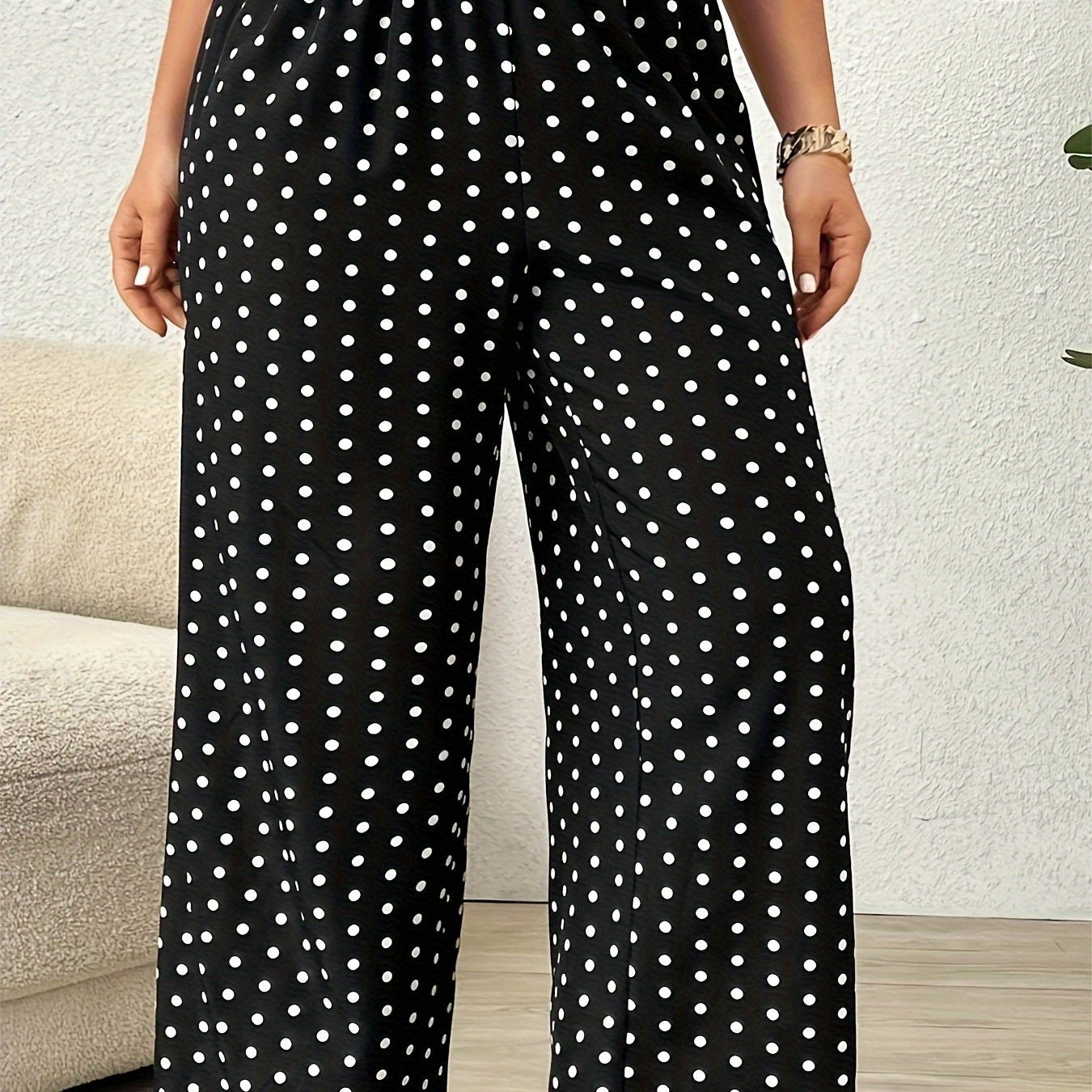 Pantalones anchos de lunares negros de talla grande para mujer, transpirables y de cintura alta