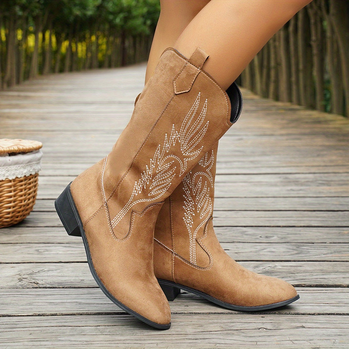 Women's Floral Print Slip-On Cowboy Boots with Round Toe, Mid-Heel