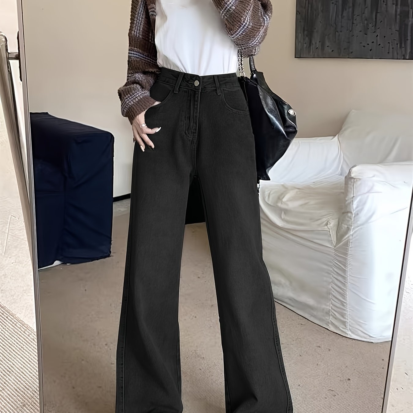 Ayollar uchun vintage yuqori bo'yli to'g'ri chiziqli jinsi, kundalik denim, kesilgan cho'ntaklar bilan, ko'k