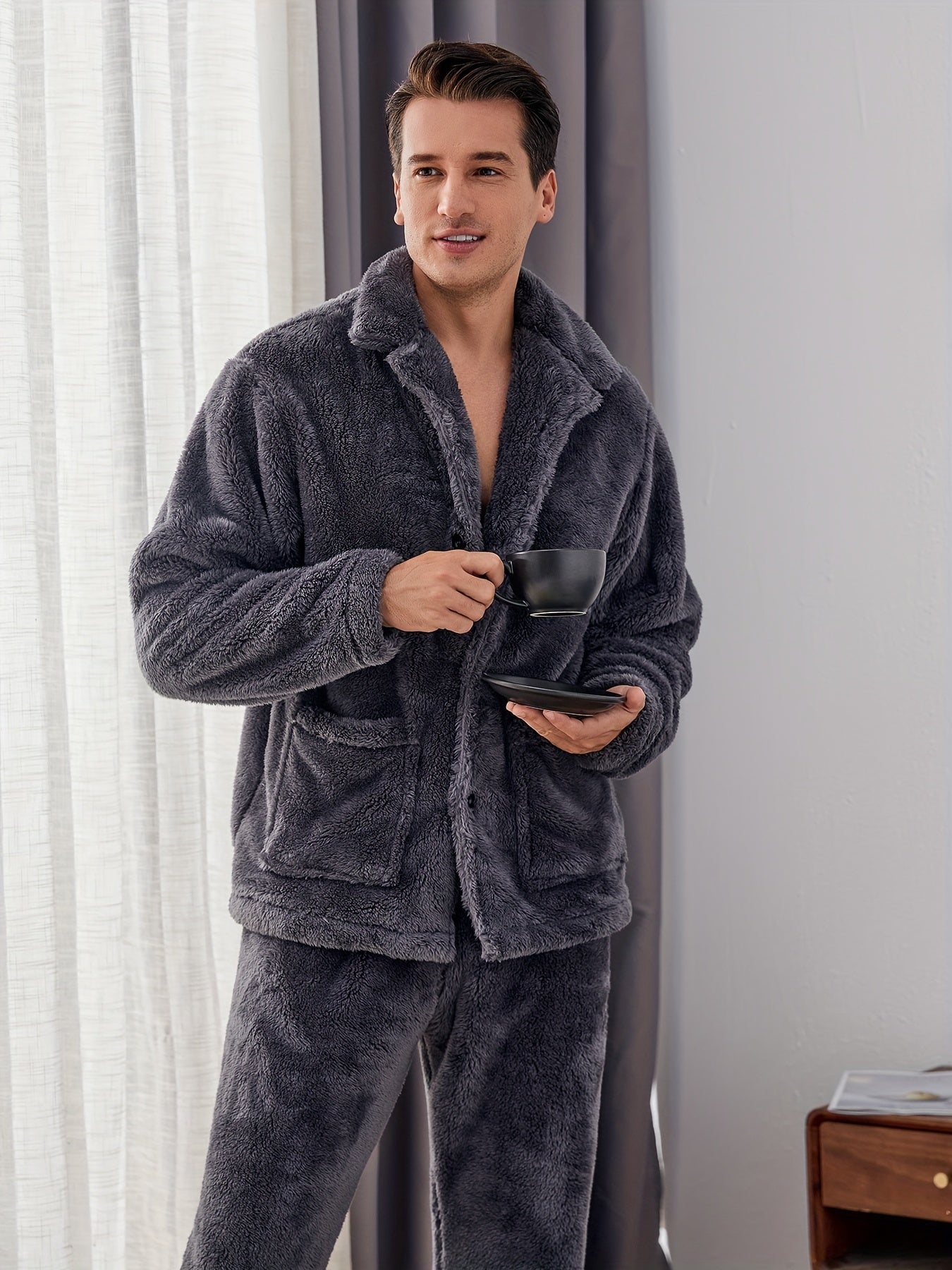 Men's Fleece Pajama Set Long Sleeve Pockets Solid Color Winter Casual