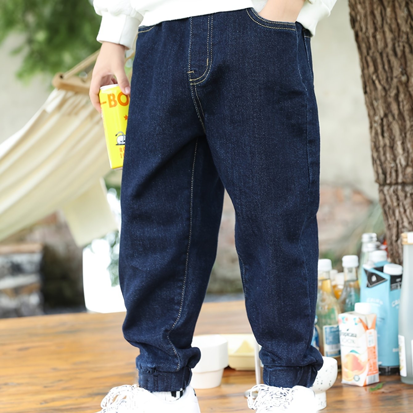 Boys High-Waisted Denim Jogger Pants with Elastic Waist and Cuffed Ankles
