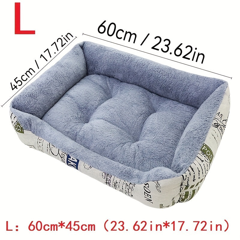 Light Blue Dog Bed with Newspaper Print Border for Small to Large Dogs All-Season Warmth and Comfort