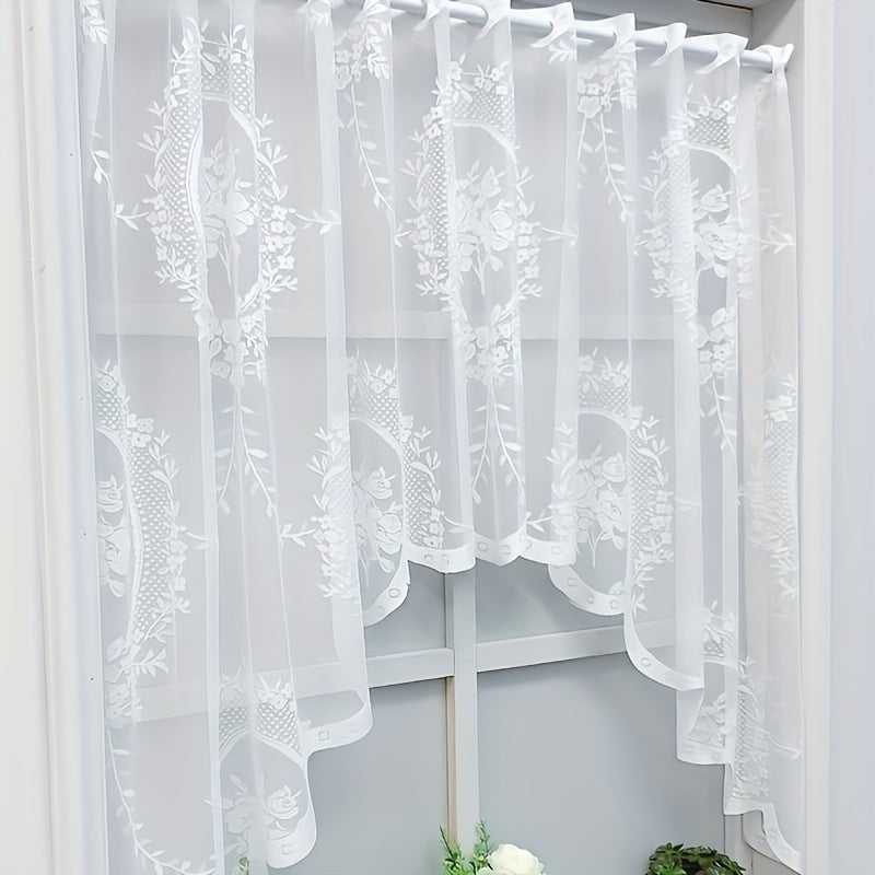 American Country Style Sheer Curtain with Floral Lace Half-Curtain Rod Pocket Semi-Transparent Polyester for Kitchen and Living Room
