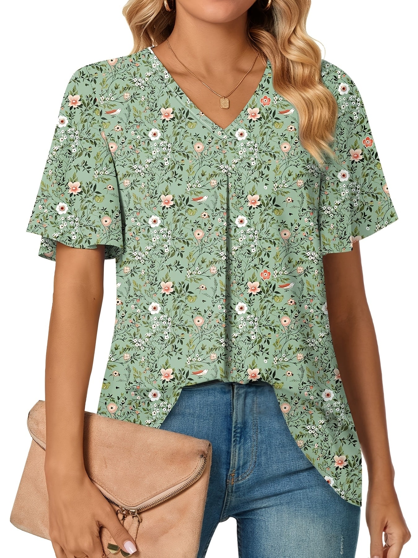 Блузка для женщин больших размеров с цветочным принтом, с рюшеобразными рукавами, фиолетовая и синяя, офисная одежда