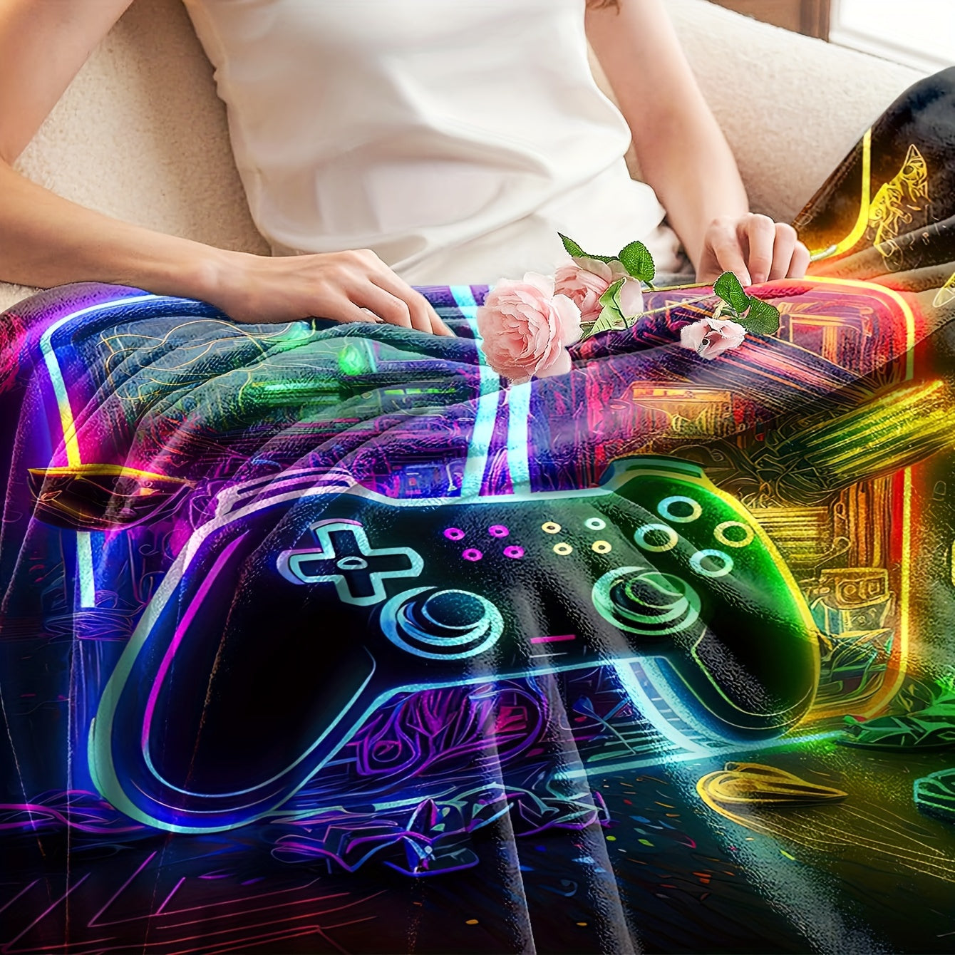 Flannel Throw Blanket with Game Controller Design for Couch Bed Camping and Gift