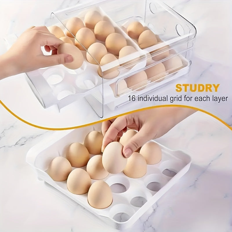Stackable Egg Storage Box with Dual Drawers, Shockproof, Sealable, 32 Compartments