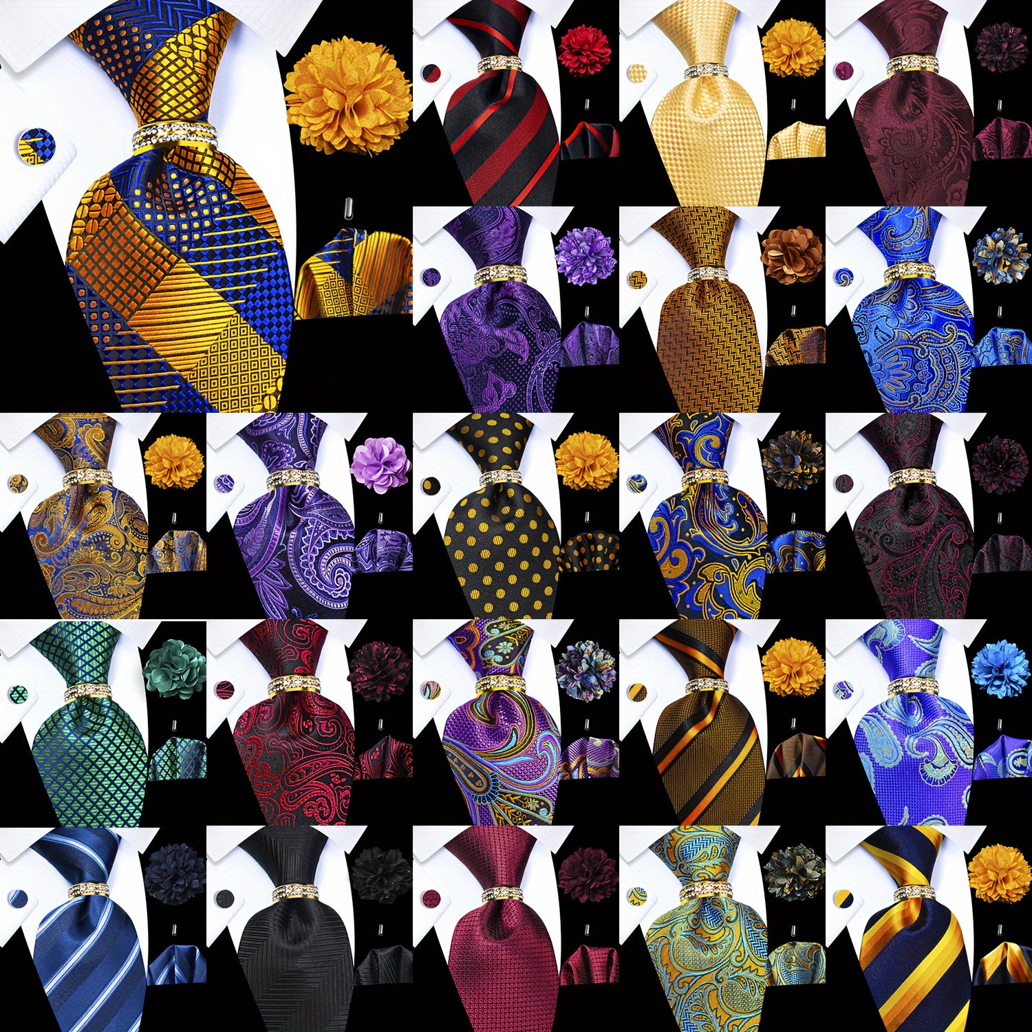 Men's Accessories Set Tie Pocket Square Cufflinks Lapel Pin Tie Ring for Wedding Groom