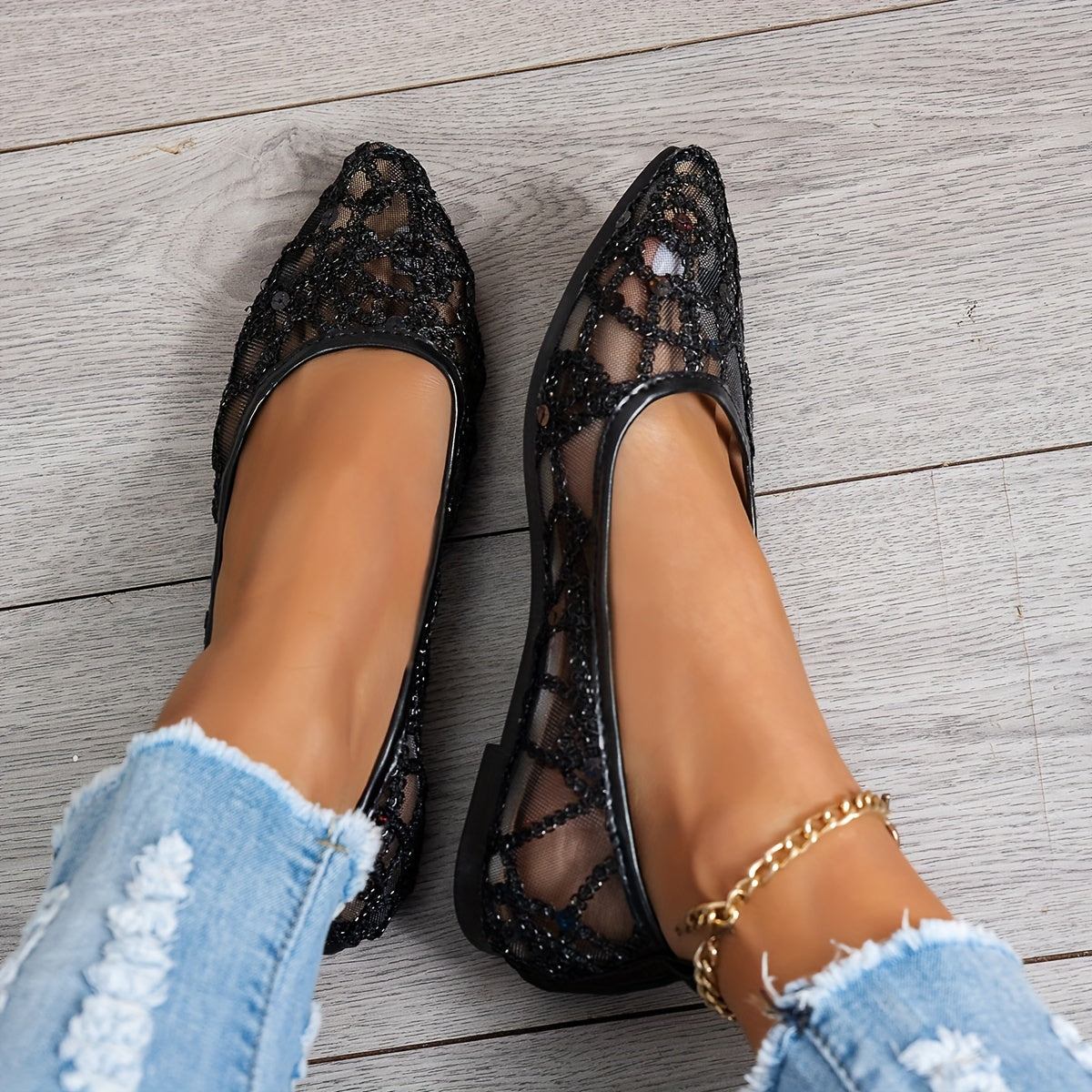 Bailarinas de malla para mujer con lentejuelas, punta afilada, slip-on para fiesta y uso casual