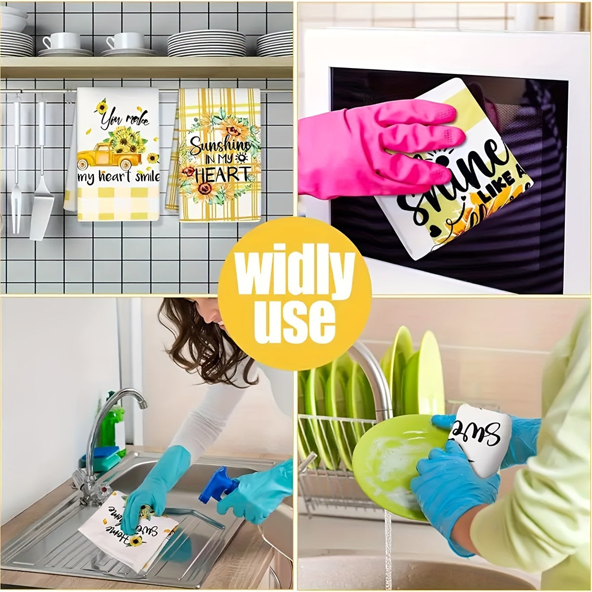 Set of 6 Sunflower Microfiber Dish Cloths and Towels Kitchen Absorbent Knit Fabric