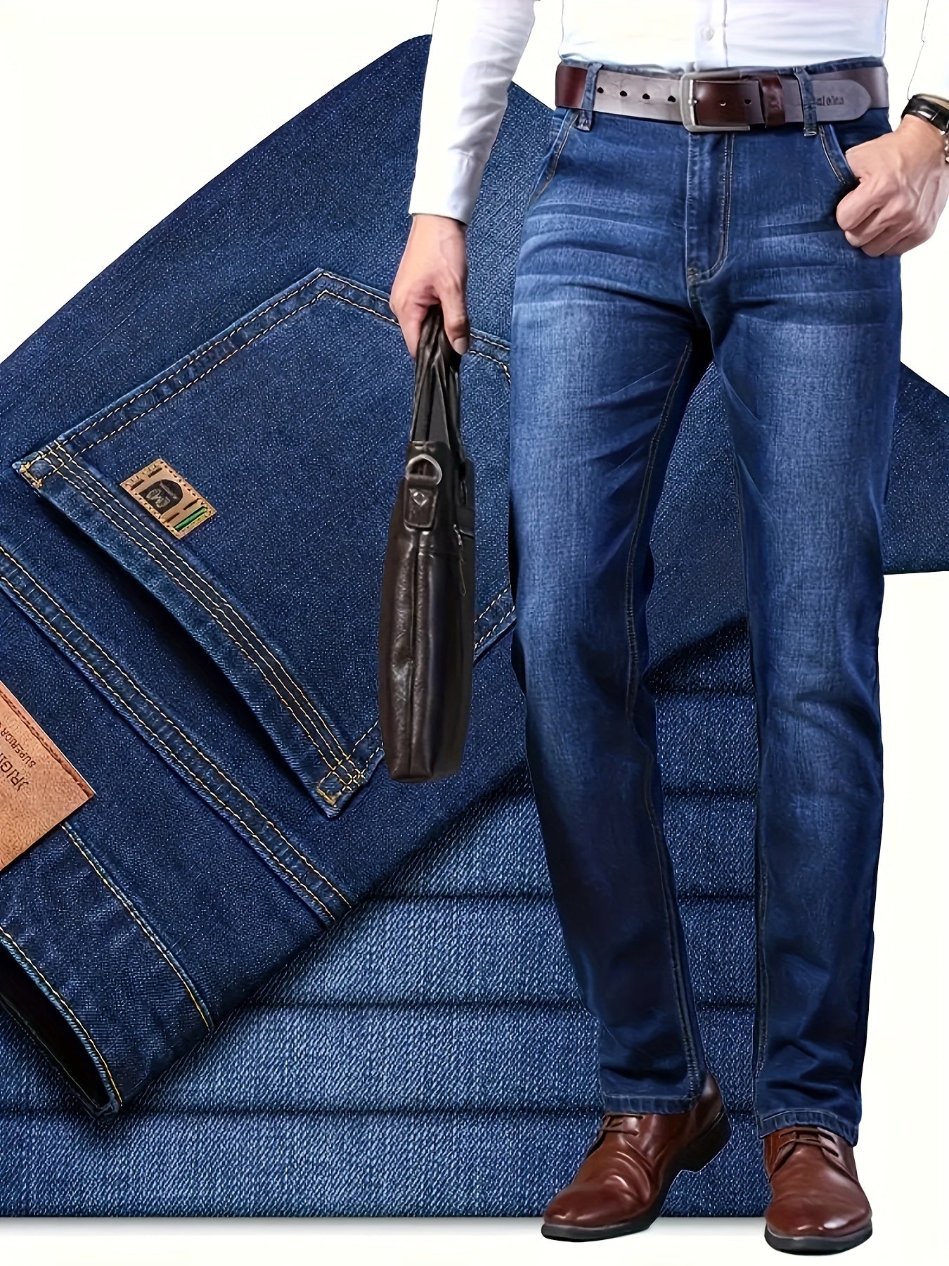 Men's Mid-Rise Cotton Stretch Straight-Fit Business Jeans Zipper Button Closure