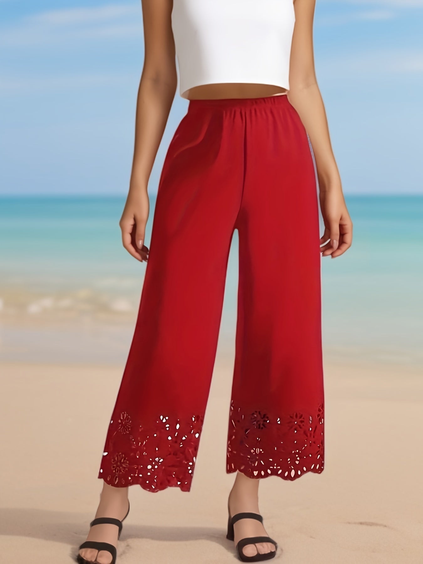 Pantalones de mujer de talla grande con piernas anchas y recortes de encaje, lavables a máquina, para todas las estaciones