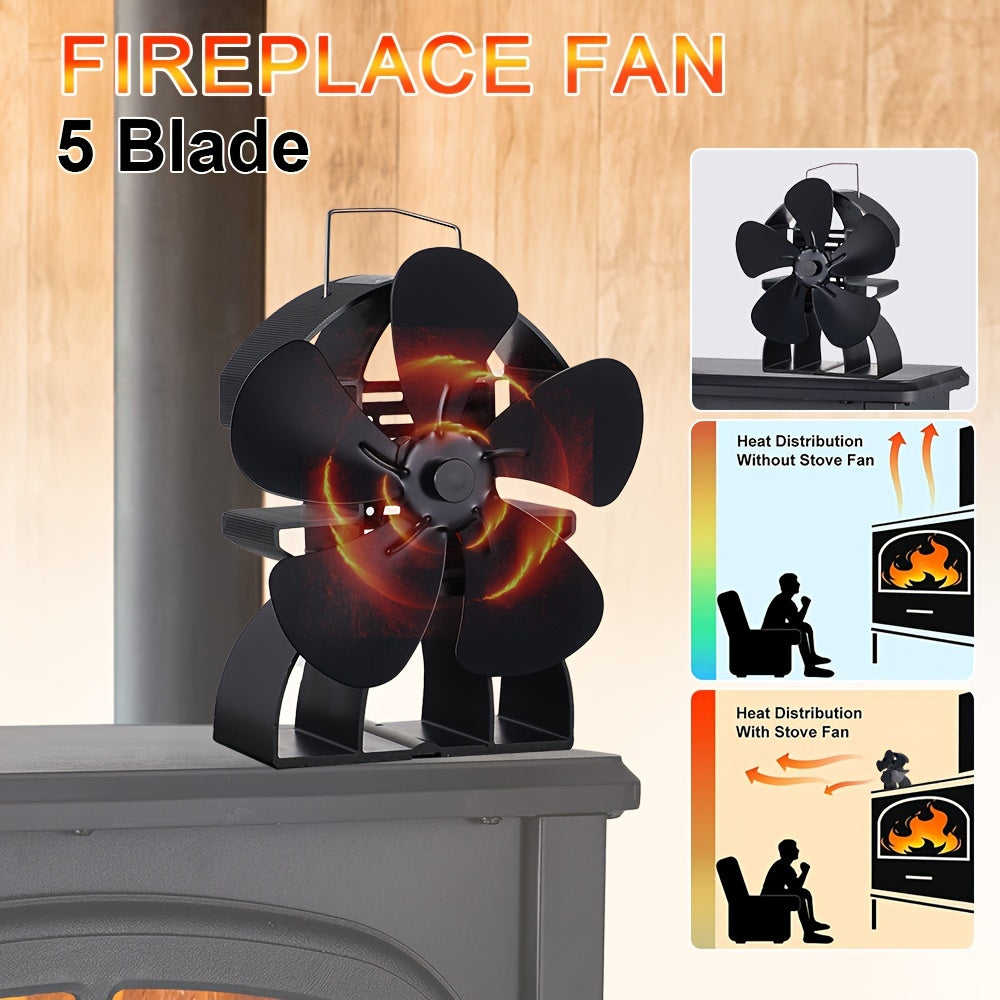 Portable Heat Powered Stove Fan for Wood Burners, Eco-Friendly 5-Blade Air Circulation