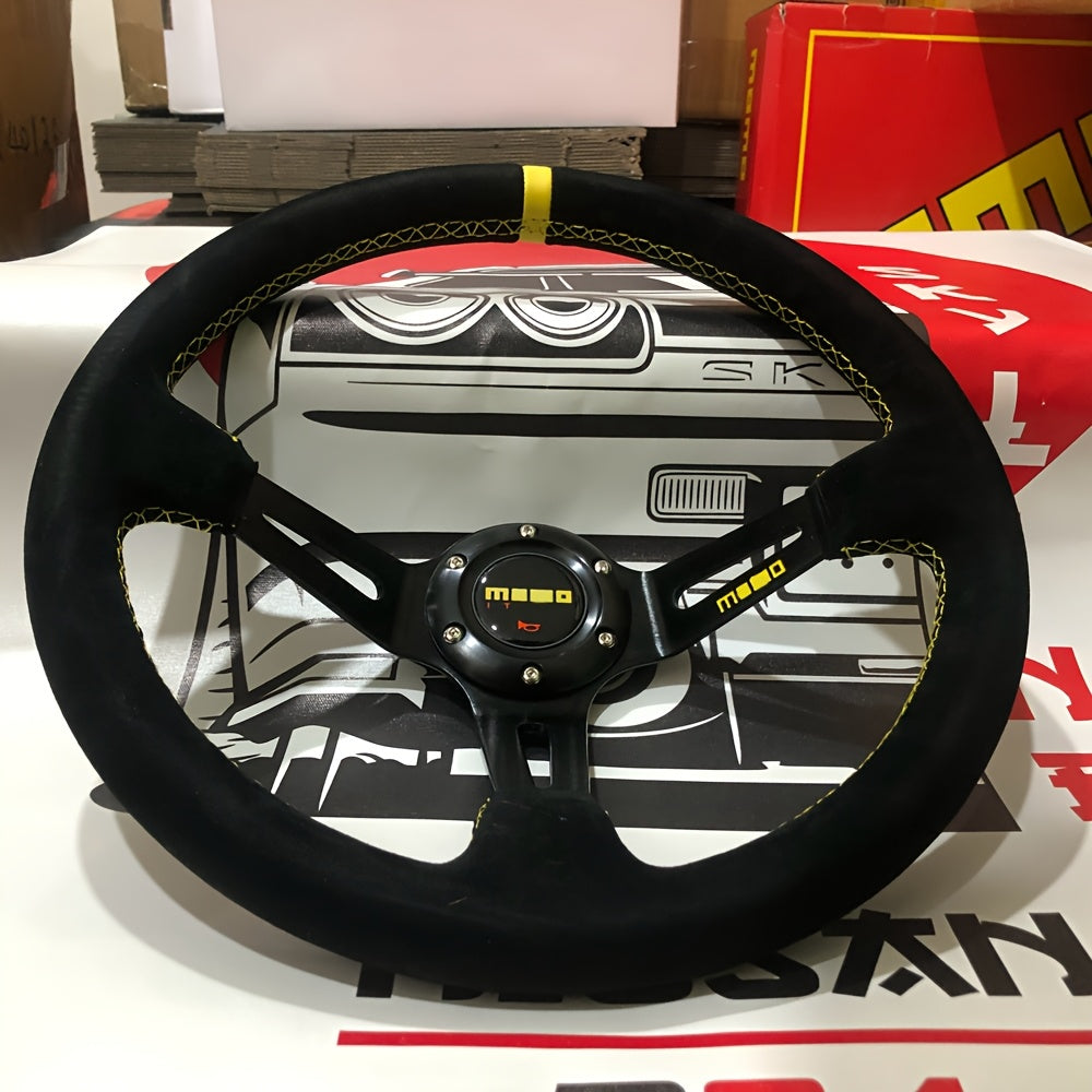 Universal Leather Racing Steering Wheel 14 Inch Deep Dish Yellow Stripe