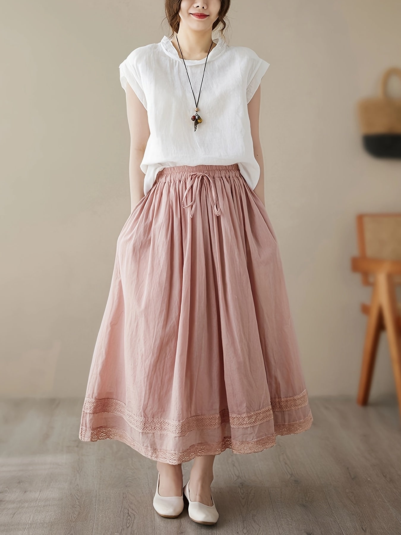 Plus Size Women's Elastic Waist Double Layer Midi Dress Spring Summer