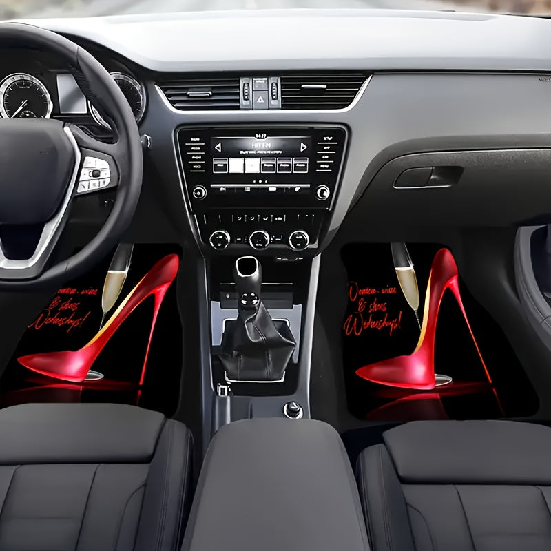 Red High-Heel Patterned Car Floor Mats Waterproof Non-Slip Durable 4 Pcs