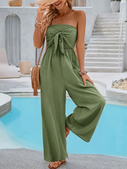 Women's Green Wide-Leg Jumpsuit Casual Off-Shoulder Bow Detail