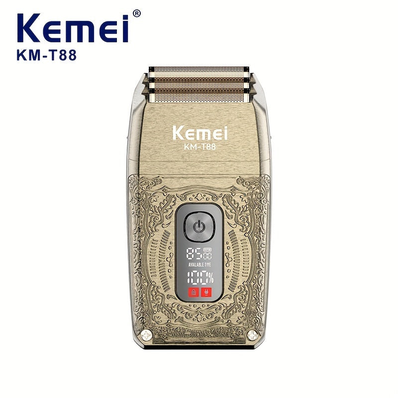 Kemei Oscillating Electric Shaver, model KM-T88, metall o'yma korpus, LCD ekran displeyi, 3D suzib yuradigan pichoq tarmog'i, professional pichoq bosh, uch tezlikda soqol olish va ikki tomonlama foydalanish imkoniyatiga ega.