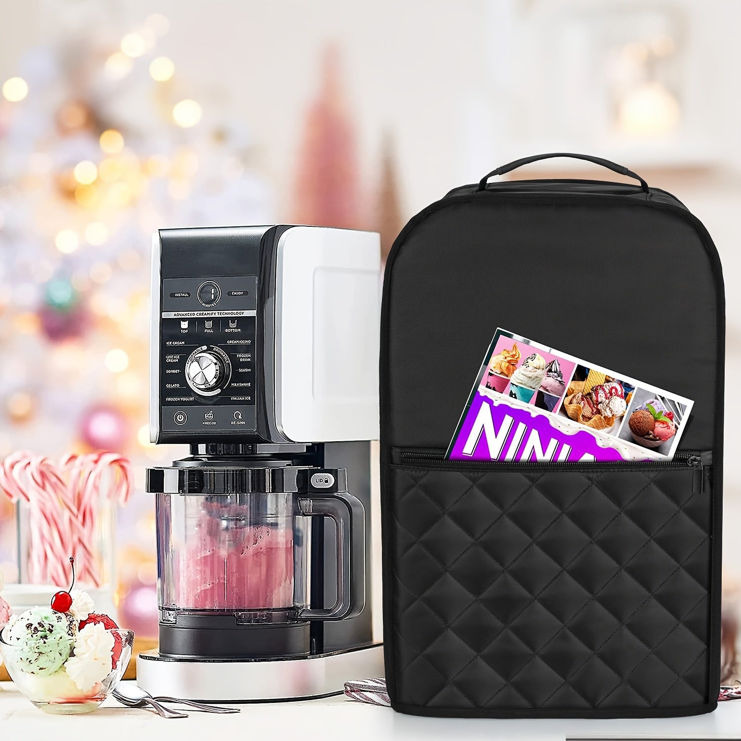 Black Quilted Dust Cover for Ice Cream Maker with Accessory Pockets