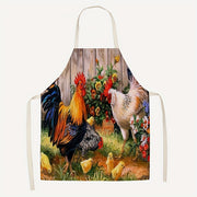 Linen Apron with Soft Rooster Print and Thickened Waist for Kitchen and Housework