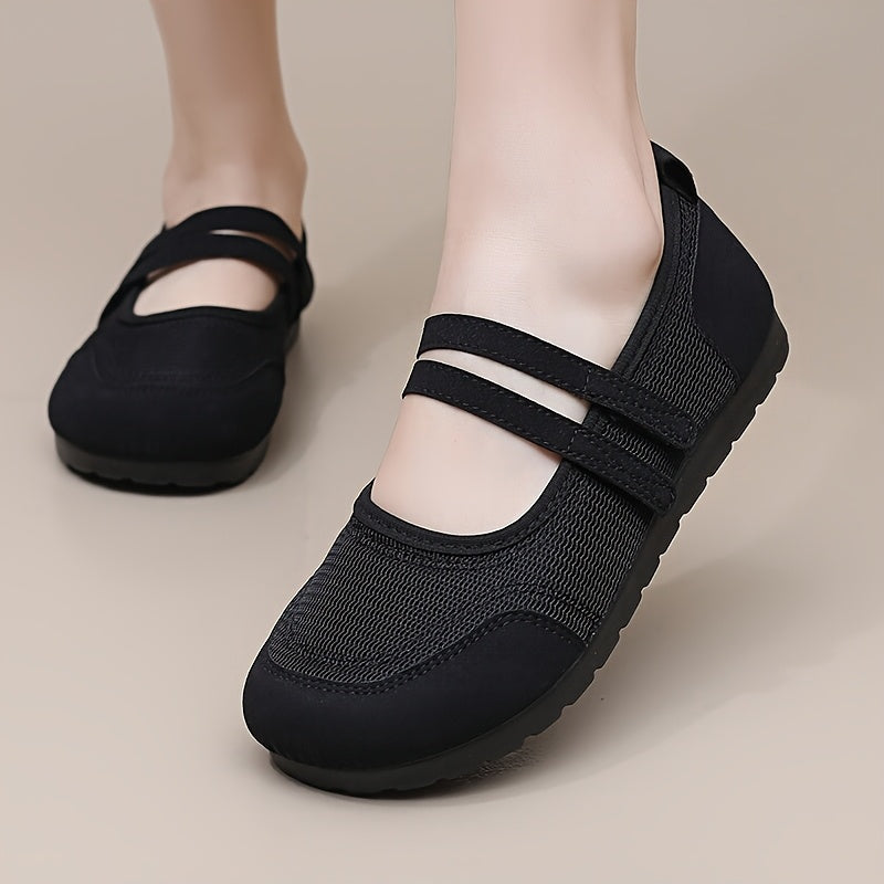 Women's Black Mary Jane Slip-On Shoes with Adjustable Strap Breathable Fabric