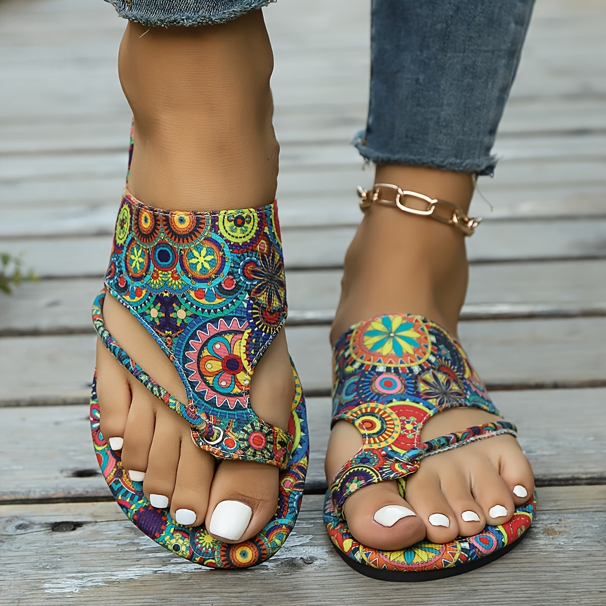 Women's Bohemian Floral Slide Sandals Open-Toe Flat with Adjustable Straps