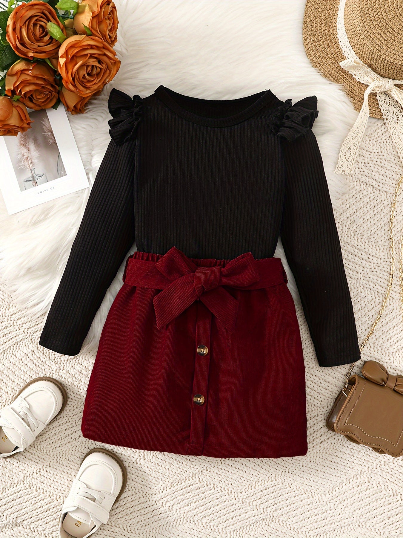 Girls Spring Summer Short Skirt Set with Long Top Ribbed Flying Sleeves Belt