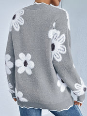 Ayollar uchun trikotaj V-yaka sviter, uzun qoʻl, o'simlik naqshli, kattaroq o'lcham, kuz-qish