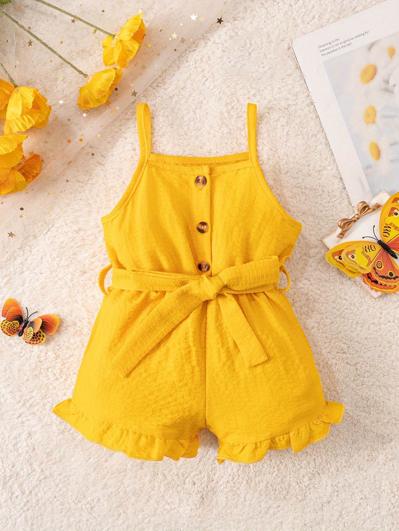 Baby Girl Bubble Romper Straps Solid Color All-Season with Belt for Toddler Learning to Walk
