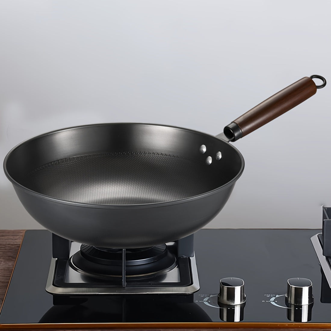 Cast Iron Wok with Wooden Handle for Stir Fry Deep Frying Uncoated Non-Stick