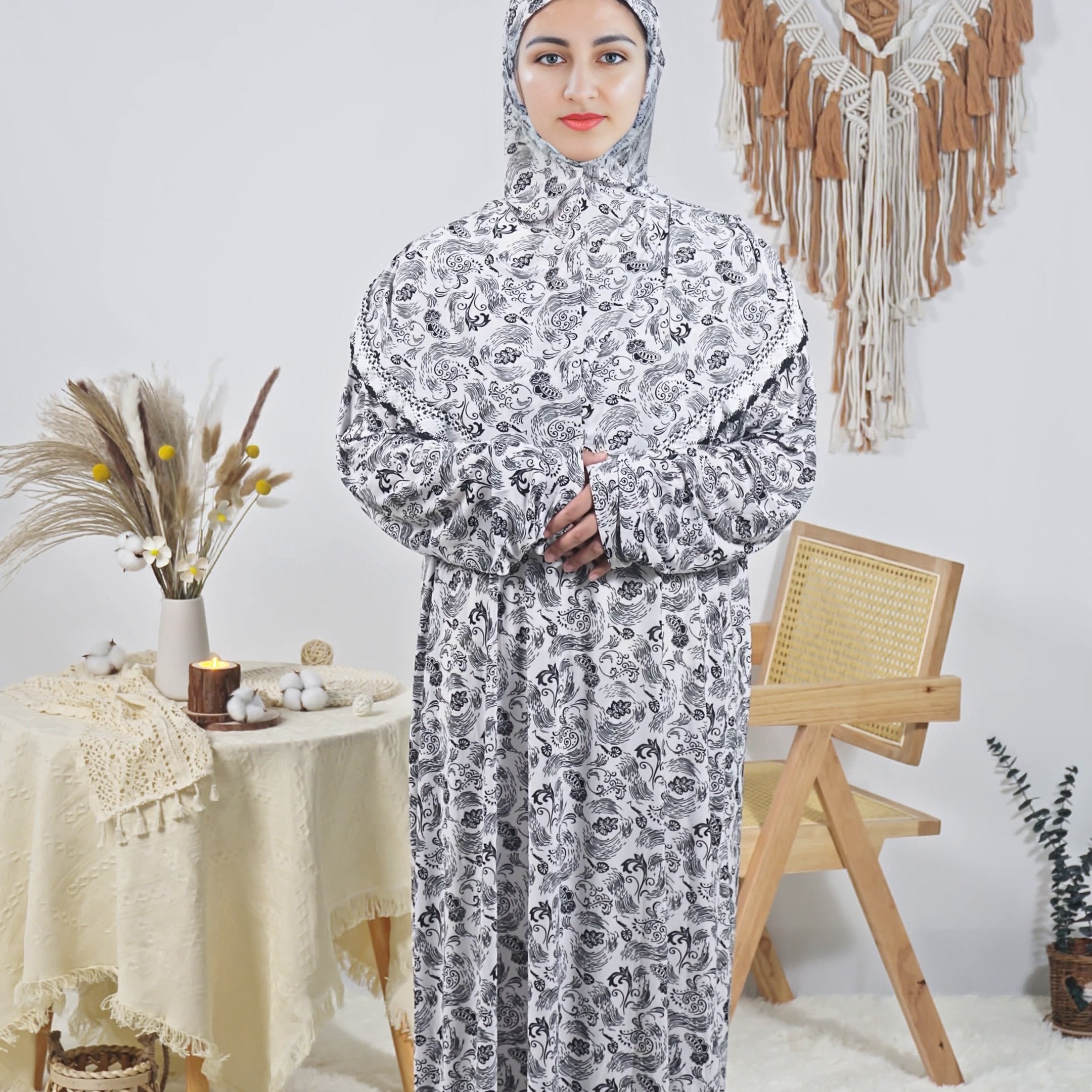 Women's Long Floral Print Loose Fit Robe Polyester Elastane Machine Washable for Ramadan